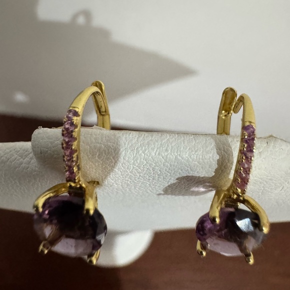 Pink tourmaline garnet gemstone drop style earrings gold filled - Picture 4 of 16